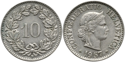 ШВЕЙЦАРИЯ 10 РАППЕНОВ 1957 KM 27 медно-никель 4392-1258