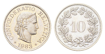 Швейцария 10 раппенов 1983 KM 27 медно-никель 4708-228