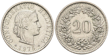 Швейцария 20 раппенов 1975 KM 29а медно-никель 4576-964