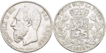 Бельгия 5 франков 1873 Леопольд II (1865-1909) KM 24 серебро 4184-624