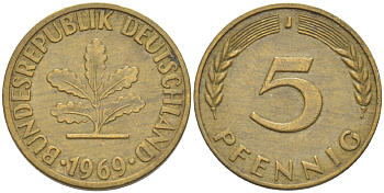 ФРГ 5 ПФЕННИГОВ 1969 J KM 107, J. 382 сталь плакированная латунью 4181-923