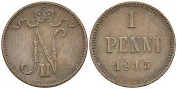 РОССИЯ ДЛЯ ФИНЛЯНДИИ 1 ПЕННИ 1915 НИКОЛАЙ II KM 13, Биткин 475 медь 4396-1462