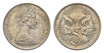 Австралия 5 центов 1981 Елизавета II (1952-2022) молодой портрет, ехидна KM 64 медно-никель 4152-538