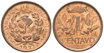 Колумбия 1 сентаво 1971 KM 205a, Schon 25a, Hernandez 336, Restrepo сталь плакированная медью 4588-926
