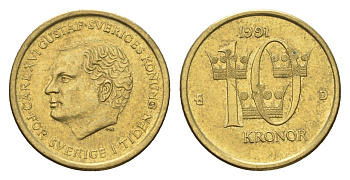 Швеция 10 крон 1991 Карл XVI Густав (1973- ) KM 877 нордик 183-353