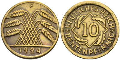 Германия 10 рентенпфеннигов 1924 F KM 33, J. 309 алюминиевая бронза    4153-521