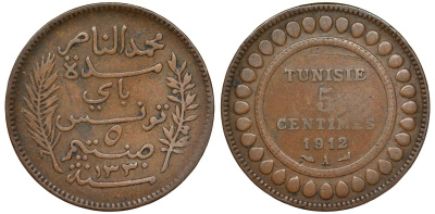 ТУНИС 5 САНТИМОВ 1912 А, ФРАНЦУЗСКИЙ ПРОТЕКТОРАТ, MUHAMMAD al-NASIR BEY KM 235 бронза 72-327