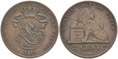 БЕЛЬГИЯ 2 САНТИМА 1861 BELGES KM 4.2 медь 4448-723