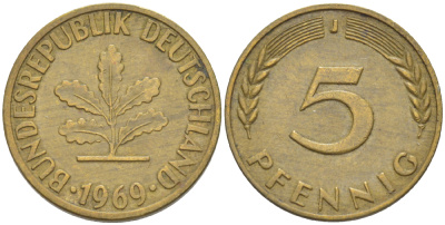 ФРГ 5 ПФЕННИГОВ 1969 J KM 107, J. 382 сталь плакированная латунью 4181-923