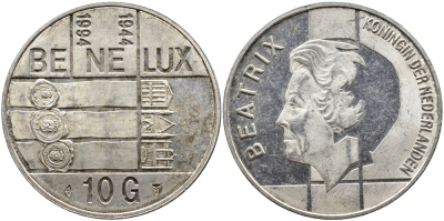 Нидерланды 10 гульденов 1994 50 лет Бе-Ни-Люкс, три здания парламентов KM 216 серебро PROOF 1524-743