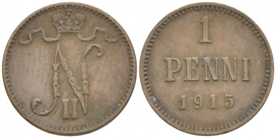 РОССИЯ ДЛЯ ФИНЛЯНДИИ 1 ПЕННИ 1915 НИКОЛАЙ II KM 13, Биткин 475 медь 4396-1462