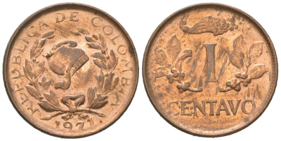 Колумбия 1 сентаво 1971 KM 205a, Schon 25a, Hernandez 336, Restrepo сталь плакированная медью 4588-926
