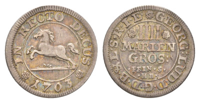 Брауншвейг-Каленберг-Ганновер 4 мариенгроша 1703 HB, Георг I (1698-1727), из коллекции Ричарда Б. Смита Welter 2197, KM 33 серебро 1525-545