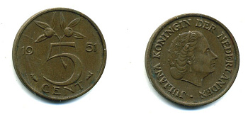НИДЕРЛАНДЫ 5 ЦЕНТОВ 1951 ЮЛИАНА KM 181 бронза 76-413