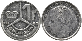 БЕЛЬГИЯ 1 ФРАНК 1990 BELGIQUE KM 170 сталь плакированная никелем 99-1223