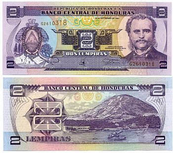 ГОНДУРАС 2 ЛЕМПИРЫ 1997 18 СЕНТЯБРЯ 1997, МАРКО АУРЕЛИО СОТО ПРЕЗИДЕНТ ГОНДУРАСА И РЕФОРМАТОР, ПОРТ АМАПАЛА Pick 80 бумага UNC (ПРЕСС) 8592-24-3-1
