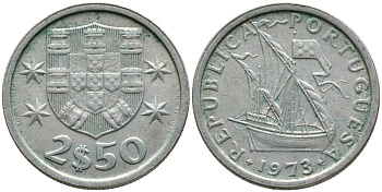 ПОРТУГАЛИЯ 2,5 ЭСКУДО 1973 ПАРУСНИК KM 590 медно-никель 4387-118