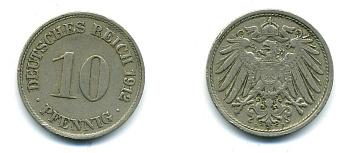 ГЕРМАНИЯ 10 ПФЕННИГОВ 1912 D KM 12, J. 13 медно-никель 54-461