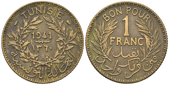 Тунис 1 франк 1941 KM 247 алюминиевая бронза 4615-927