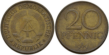 ГДР 20 пфеннигов 1969 A, первый год KM 11 латунь 92-937