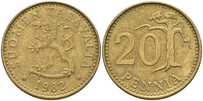 Финляндия 20 пенни 1982 KM 47 алюминиевая бронза 4586-646