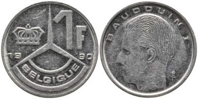 БЕЛЬГИЯ 1 ФРАНК 1990 BELGIQUE KM 170 сталь плакированная никелем 99-1223