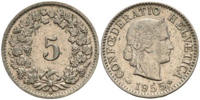 Швейцария 5 раппенов 1955 KM 26 медно-никель 4596-645