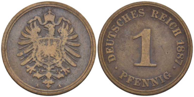ГЕРМАНИЯ 1 ПФЕННИГ 1887 A, СТАРОГЕРБОВКА KM 1, J. 1, Weege 1 медь 206-1253