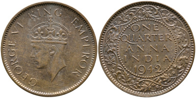 Британская Индия 1/4 анна 1942 Георг VI (1937-1952) KM 531 бронза aUNC 89-426
