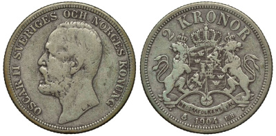 Швеция 2 кроны 1904 EB, Оскар II (1872-1907) король Швеции и Норвегии KM 761 серебро 413-6233
