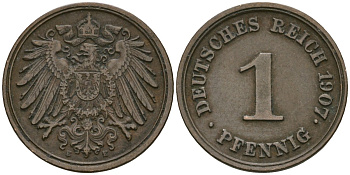 Германия 1 пфенниг 1907 E, Вильгельм II (1888-1918) KM 10, J. 10 медь 4608-161