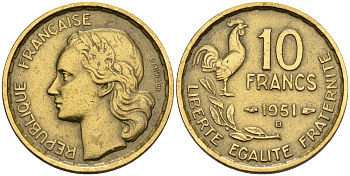 Франция 10 франков 1951 B, петух KM 915.2, Le Franc 363.5 алюминиевая бронза    4152-1241