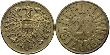 Австрия 20 грошей 1954 KM 2877 алюминиевая бронза 00-00