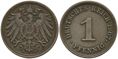 Германия 1 пфенниг 1907 E, Вильгельм II (1888-1918) KM 10, J. 10 медь 4608-161