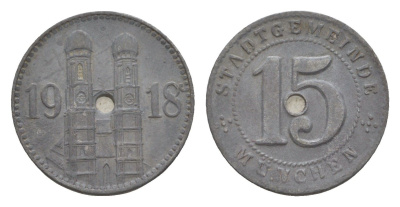 Мюнхен 15 пфеннигов 1918 Funck 348.1A, Men18 22407.1 цинк 4643-865