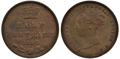 Великобритания 1/2 фартинга 1843 Виктория (1837-1901) KM 738, Spink 3951 медь 1523-1144