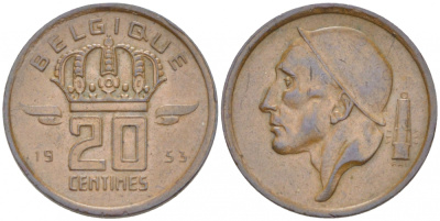БЕЛЬГИЯ 20 САНТИМОВ 1953 BELGIQUE KM 146 бронза 3718-238