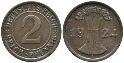 ГЕРМАНИЯ 2 РЕЙХСПФЕННИГА 1924 A KM 38, J. 314 бронза 24-731