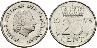 НИДЕРЛАНДЫ 25 ЦЕНТОВ 1973 ЮЛИАНА KM 183 никель 96-232