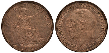 Великобритания 1 фартинг 1936 Георг V (1910-1936) KM 825, Spink 4061 бронза UNC 4114-745