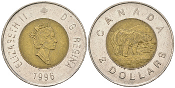 Канада 2 доллара 1996 Елизавета II (1952-2022), полярный медведь KM 270 биметалл 4620-356