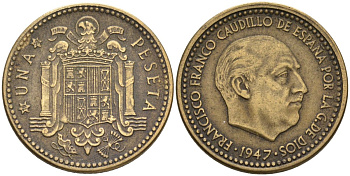 Испания 1 песета 1947 (52) Франсиско Франко (1939-1975) KM 775 алюминиевая бронза 4604-324