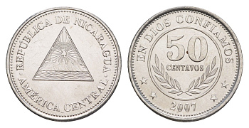 Никарагуа 50 сентаво 2007 KM 88b сталь плакированная никелем UNC 4640-1048