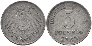 ГЕРМАНИЯ 5 ПФЕННИГОВ 1922 E KM 19, J. 297, Weege 5 железо 206-757