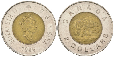 Канада 2 доллара 1996 Елизавета II (1952-2022), полярный медведь KM 270 биметалл 4620-356