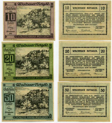 Австрия, Михельдорф набор из 3 банкнот 10, 20, 50 геллеров 1920 30 сентября 1920, нотгельд, земля Нижняя Австрия   бумага  UNC (пресс) 7555-29-1-2