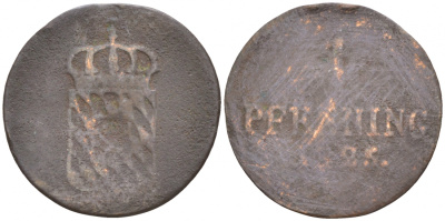 Бавария 1 пфенниг 1825 KM 341 медь 73-653