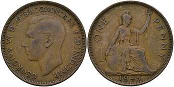 Великобритания 1 пенни 1945 Георг VI (1936-1952) KM 845, Spink 4114 бронза 4149-322