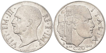 ИТАЛИЯ 20 ЧЕНТЕЗИМО 1941 R, ГОД XIX, ВИКТОР ЭММАНУИЛ III (1900-1946) KM 75b, VEM3. 1028 нержавеющая сталь 3853-815