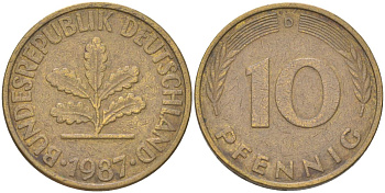 ФРГ 10 пфеннигов 1987 D KM 108 сталь плакированная латунью 4613-1238